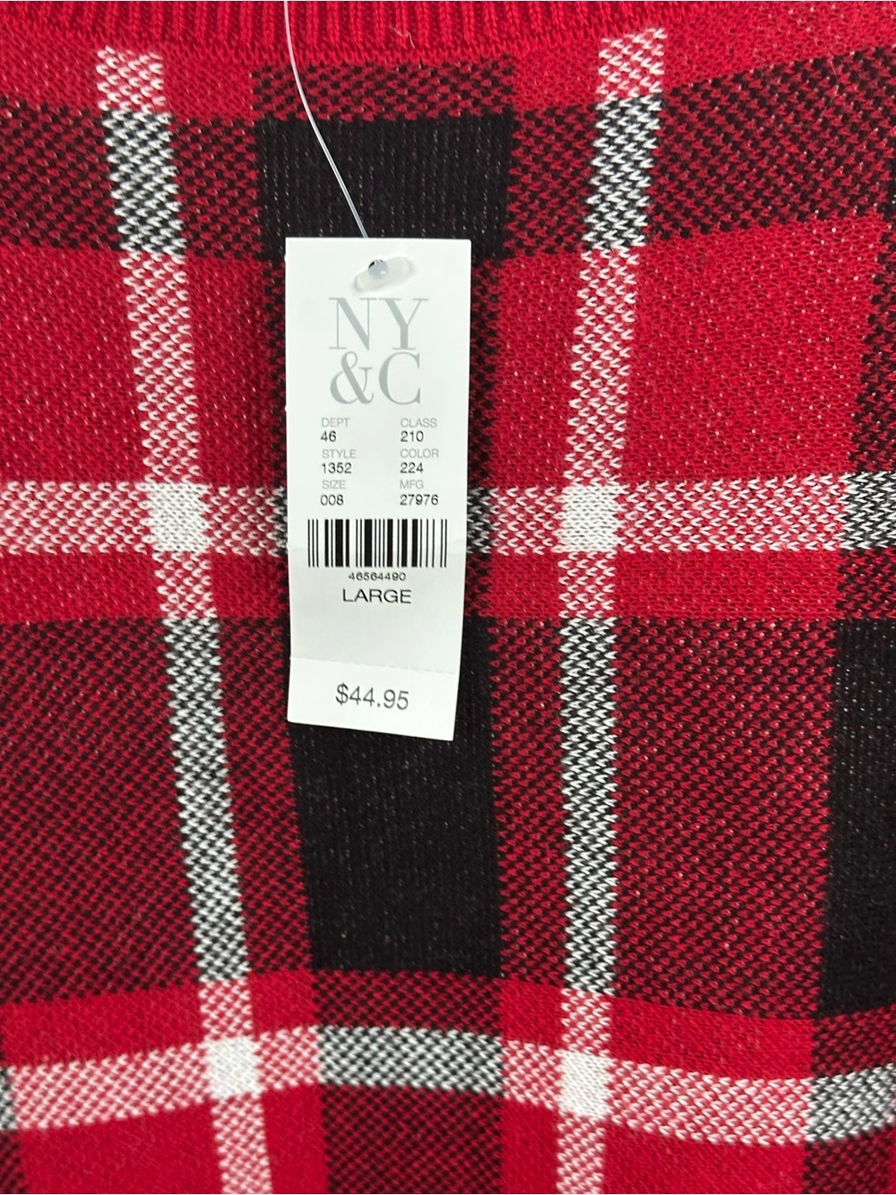 New York & Company Red Black Plaid Crewneck Sweater, Bat wing, size L, NWT - Picture 3 of 6